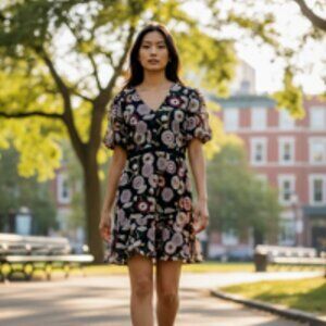 NEW Sam Edelman Women’s 12 Navy Floral Embroidered Aline Dress V Neck Ruffle Hem